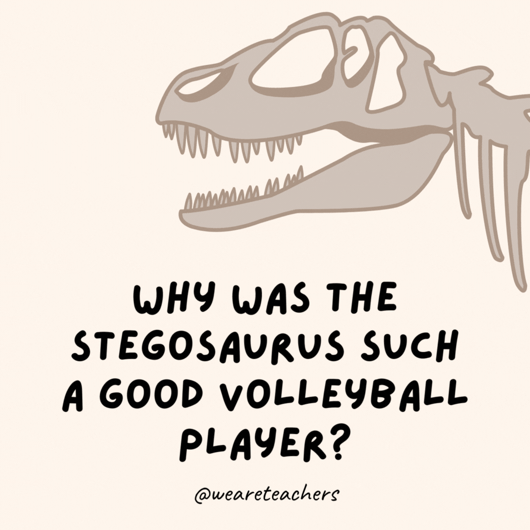 Why was the stegosaurus such a good volleyball player?