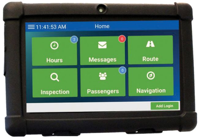 Tablet with screenshot of Here Comes the Bus school bus app