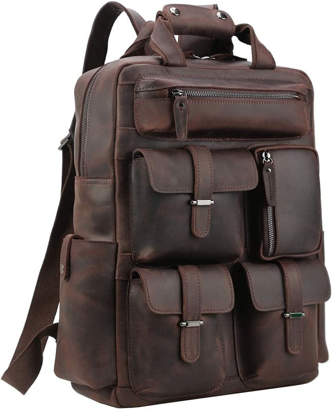 Leather backpack with multiple external pockets and top carrying handle