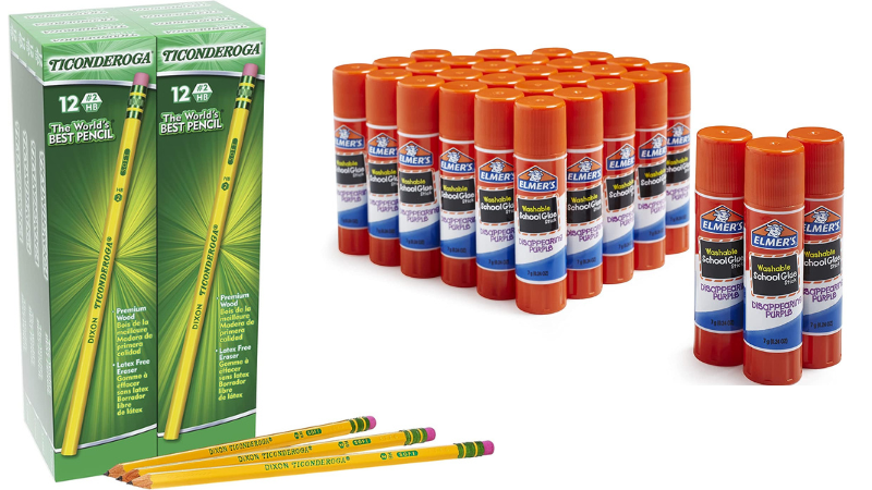 Large box of Ticonderoga #2 pencils, next to rows of Elmer's glue sticks- discount school supplies