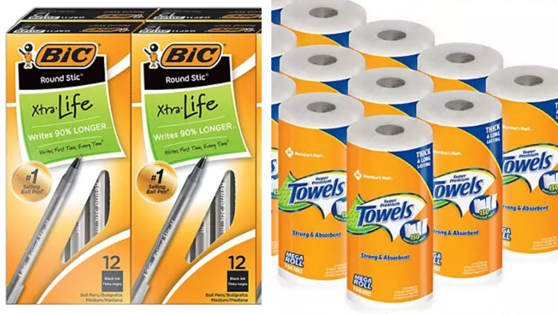 Boxes of Bic ballpoint pens and rolls of paper towels