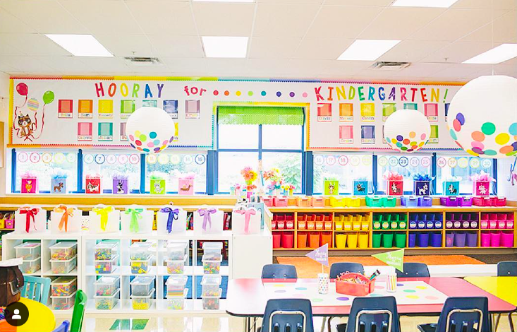 A rainbow colored kindergarten classroom