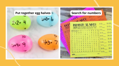 Examples of games and activites to practice math facts including putting together plastic Easter egg halves and doing a number search.
