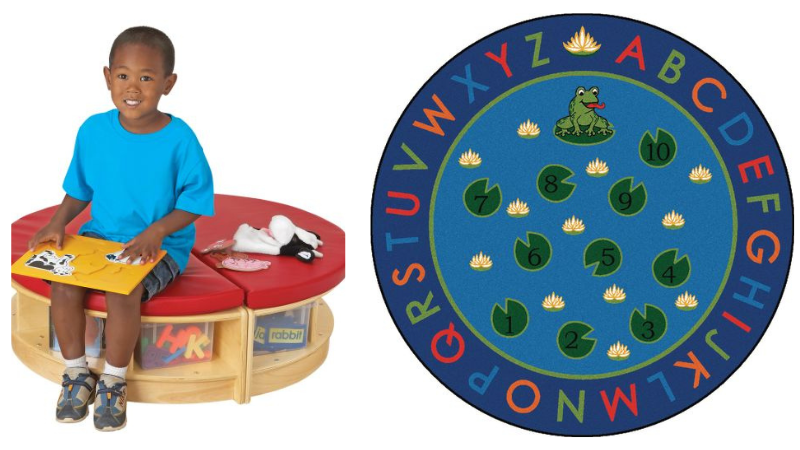 Child sitting on a round bench with built-in book shelves, with a round rug covered in lily pads with the alphabet around the edges