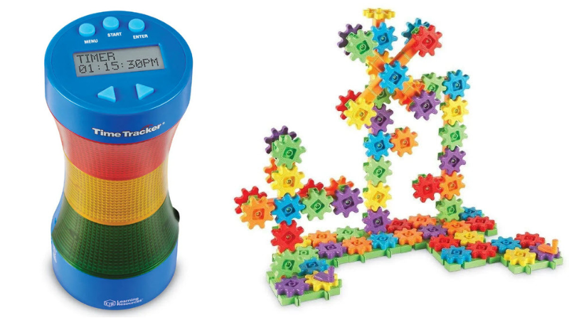 Teacher timer with red, yellow, and green levels, and gear-shaped building blocks